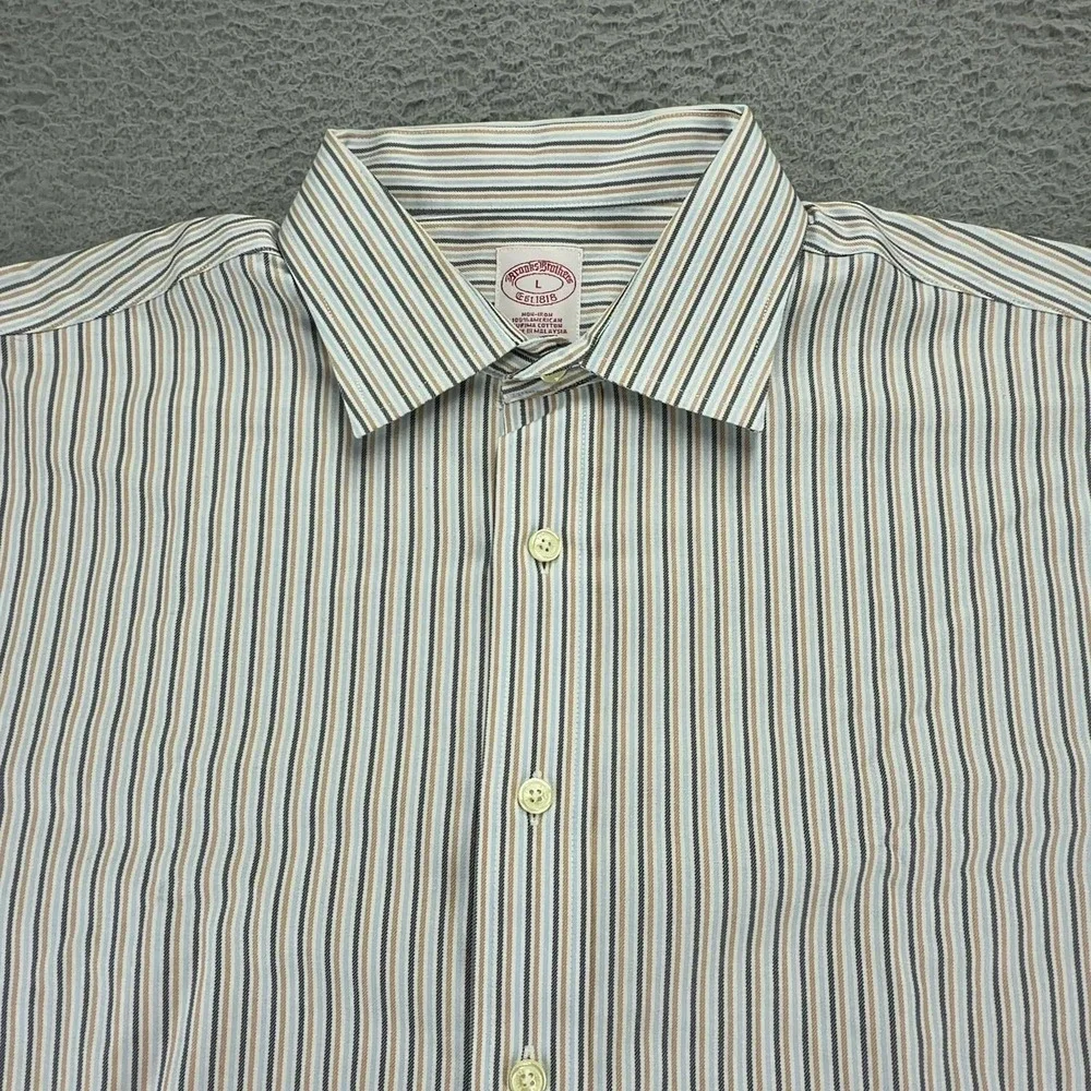 Brooks Brothers Mens Large Blue Tan Stripe Supima Cotton Non Iron Dress Shirt